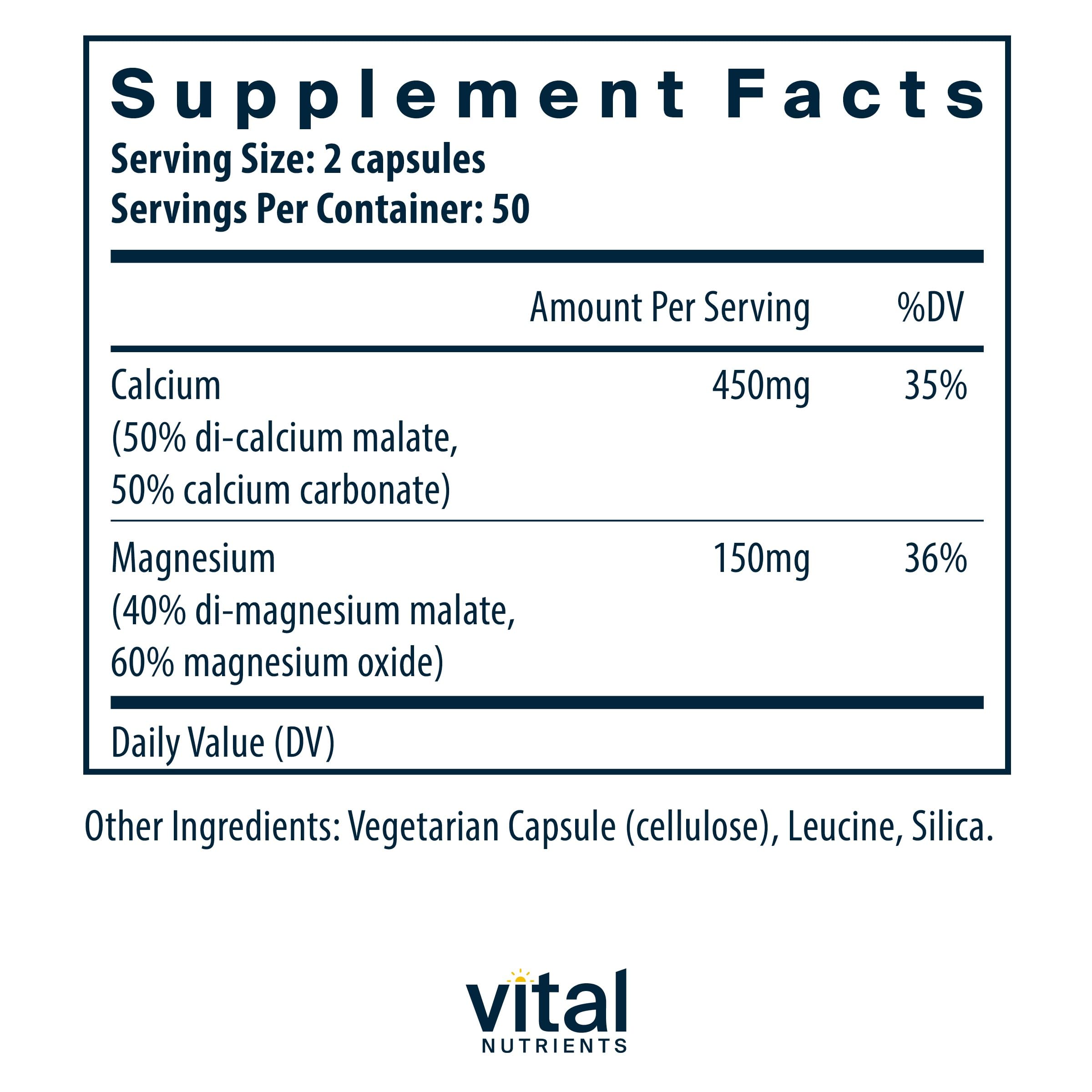Vital Nutrients calcium–magnesium capsules closeup showing easy-to-swallow vegan pills.