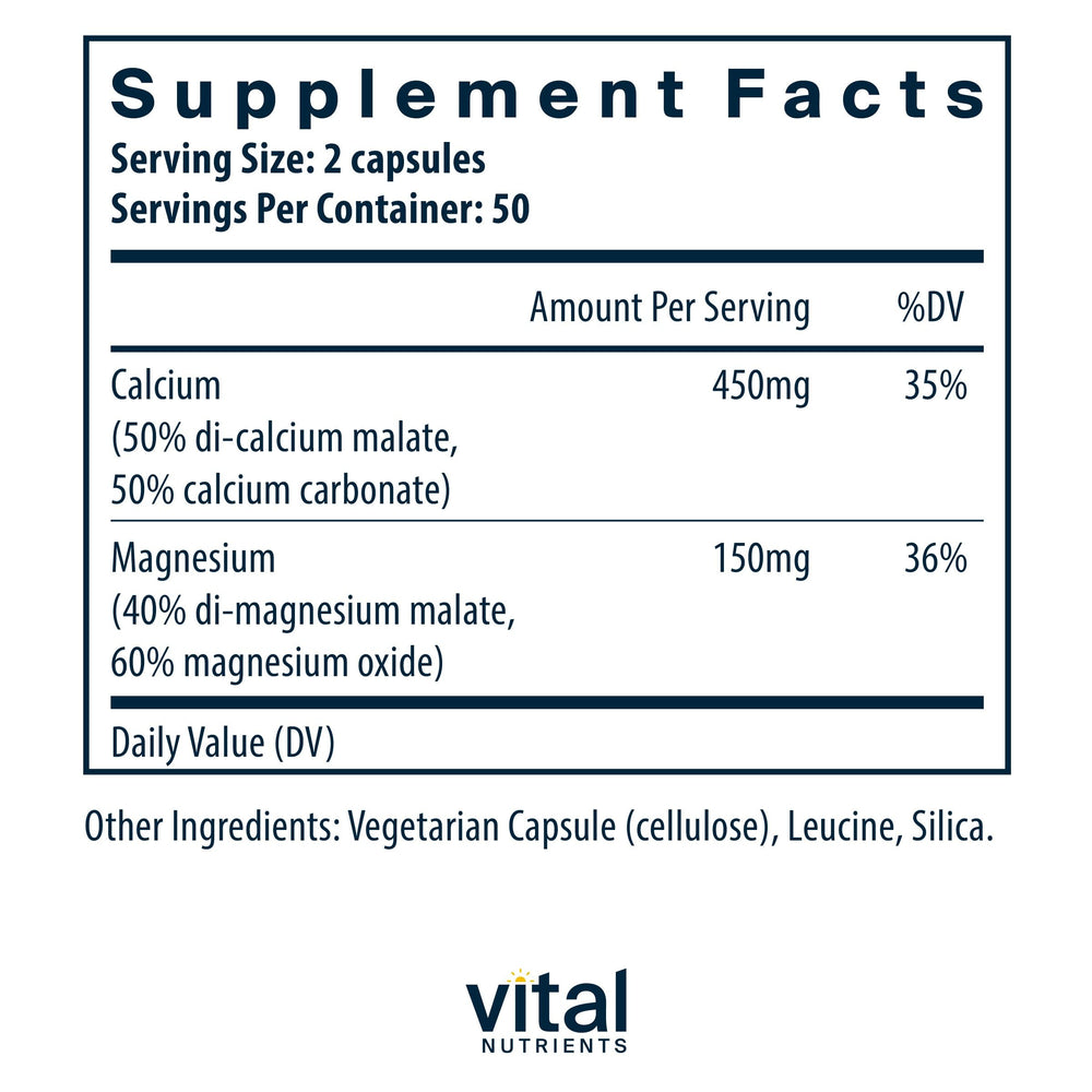 Vital Nutrients calcium–magnesium capsules closeup showing easy-to-swallow vegan pills.