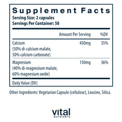 Vital Nutrients calcium–magnesium capsules closeup showing easy-to-swallow vegan pills.