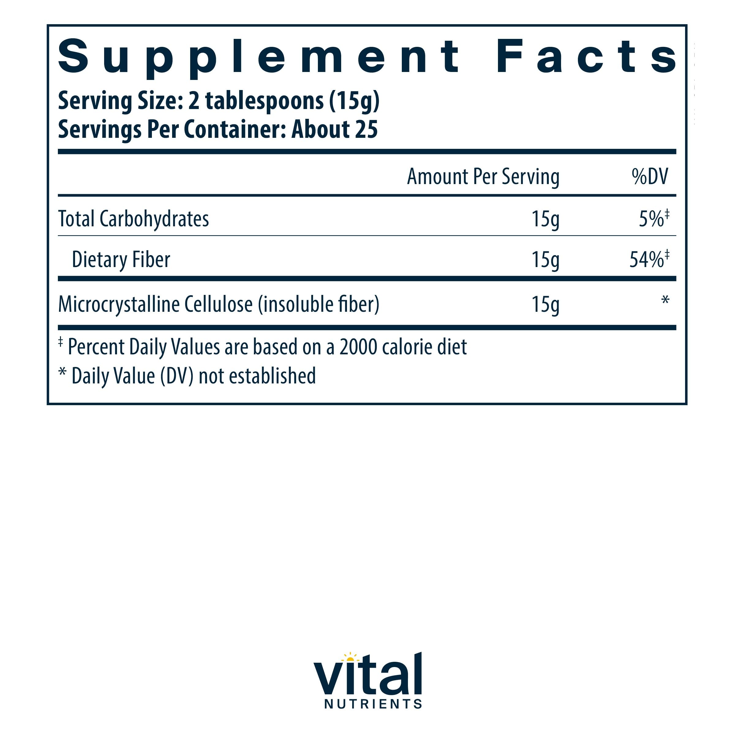 Measuring scoop beside Vital Nutrients cellulose fiber powder for convenient dosing