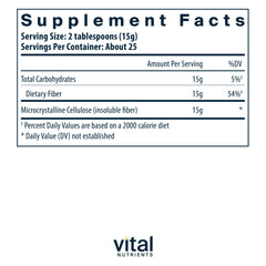 Measuring scoop beside Vital Nutrients cellulose fiber powder for convenient dosing