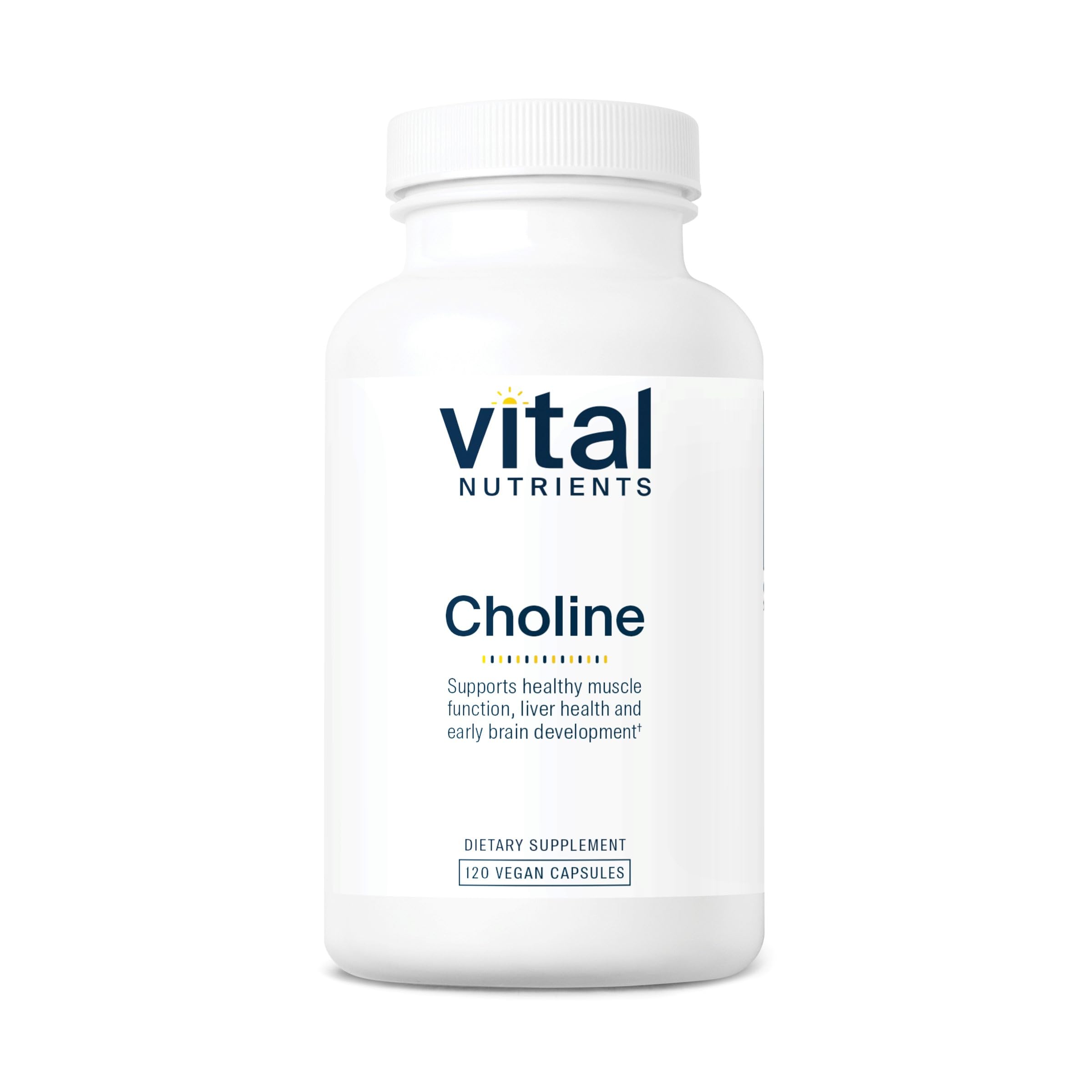 Vital Nutrients Choline 550mg bottle front view highlighting brain health support.