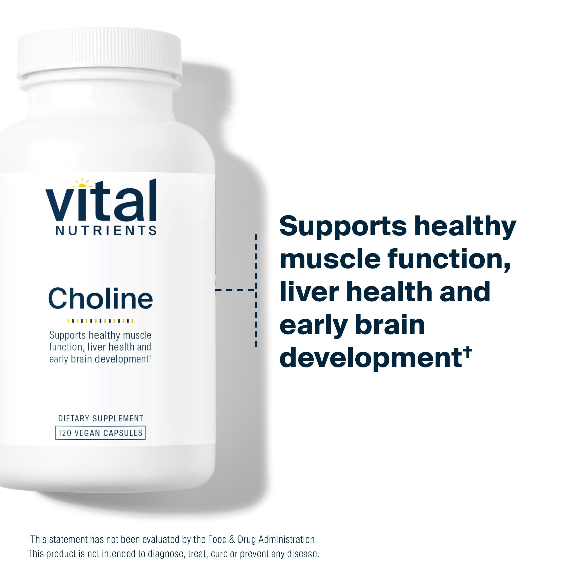 Vital Nutrients Choline 550mg capsules on white surface for daily wellness.