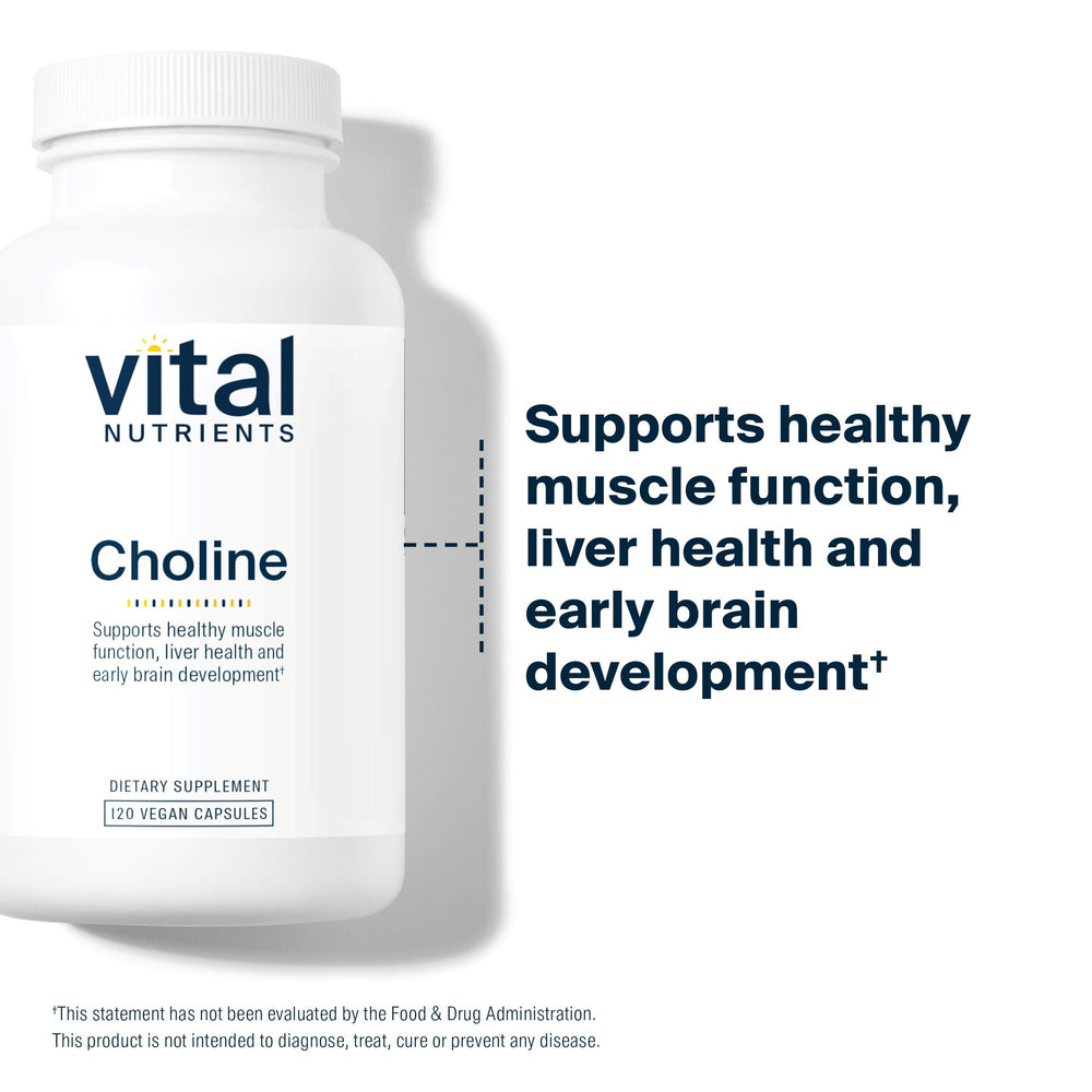 Vital Nutrients Choline 550mg capsules on white surface for daily wellness.