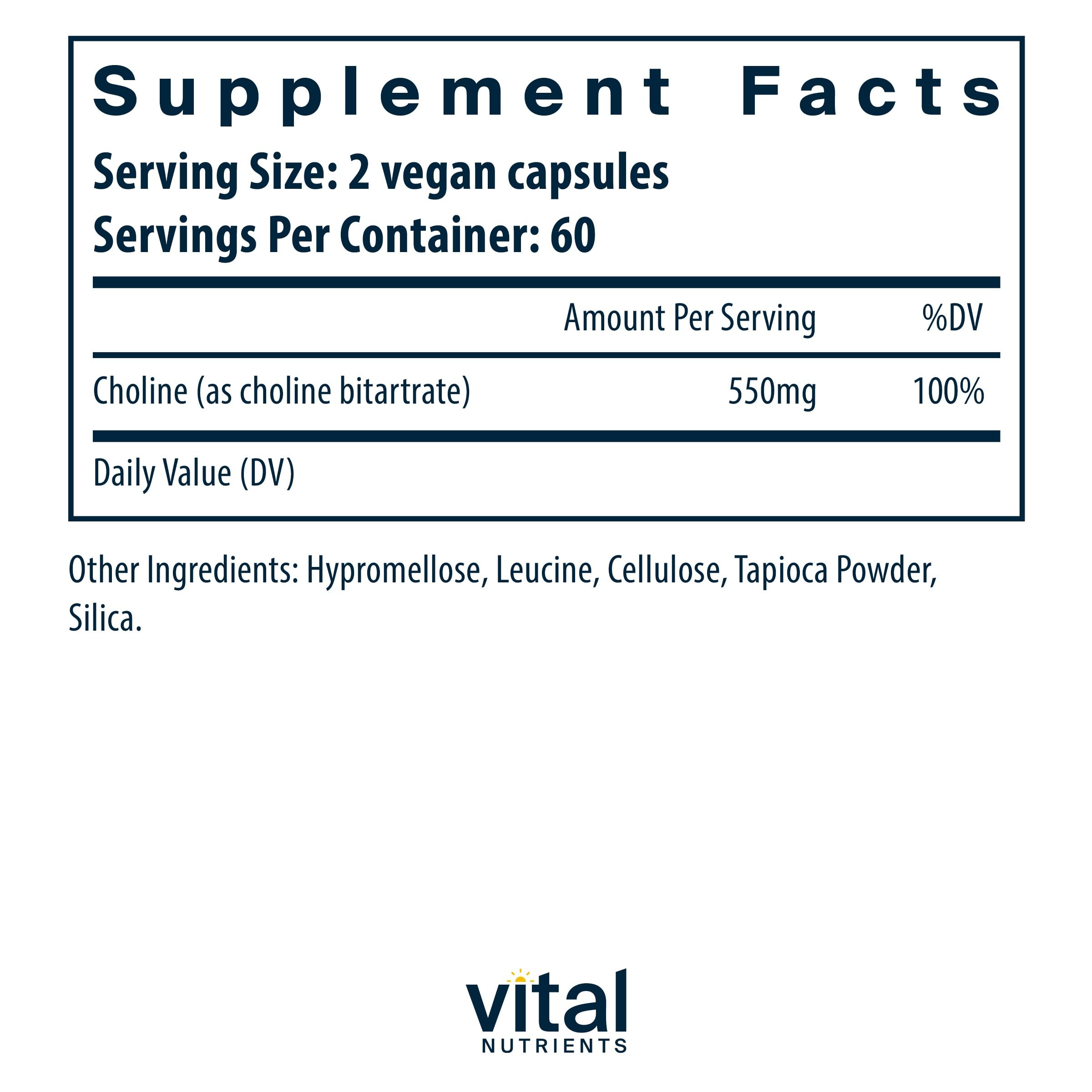 Vital Nutrients Choline 550mg label close-up showcasing vegan formula.