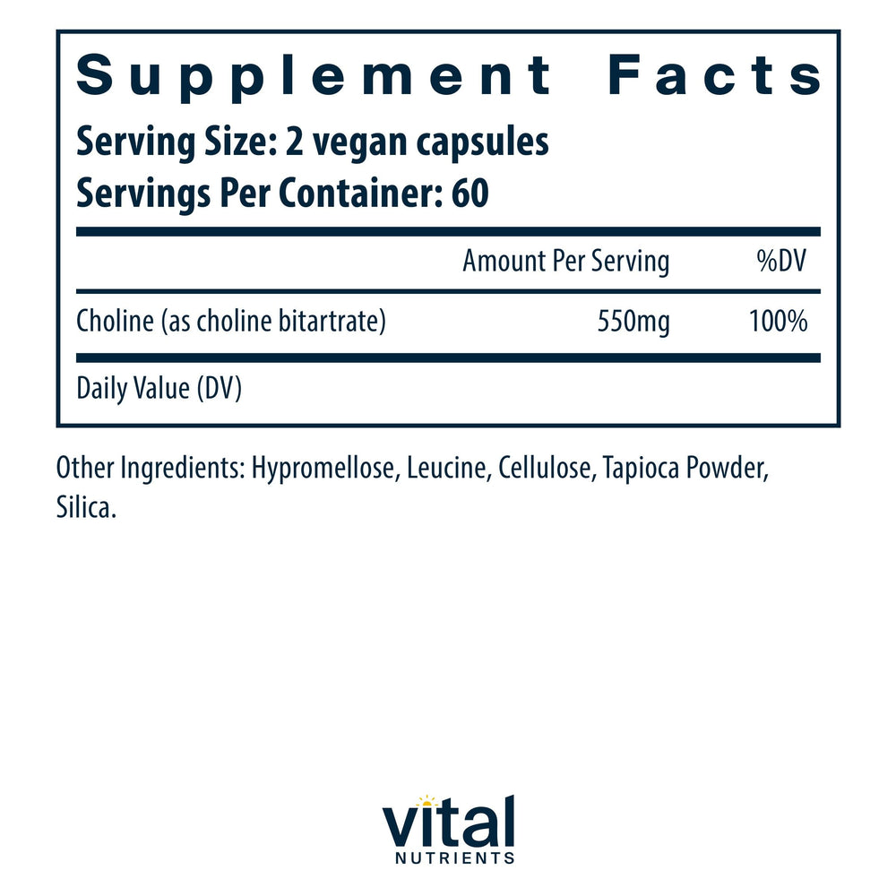 Vital Nutrients Choline 550mg label close-up showcasing vegan formula.