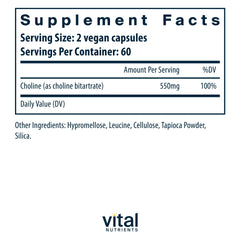 Vital Nutrients Choline 550mg label close-up showcasing vegan formula.