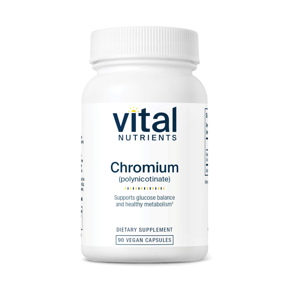 Vital Nutrients Chromium Polynicotinate 200mcg bottle highlighting clean vegan formula for daily wellness.