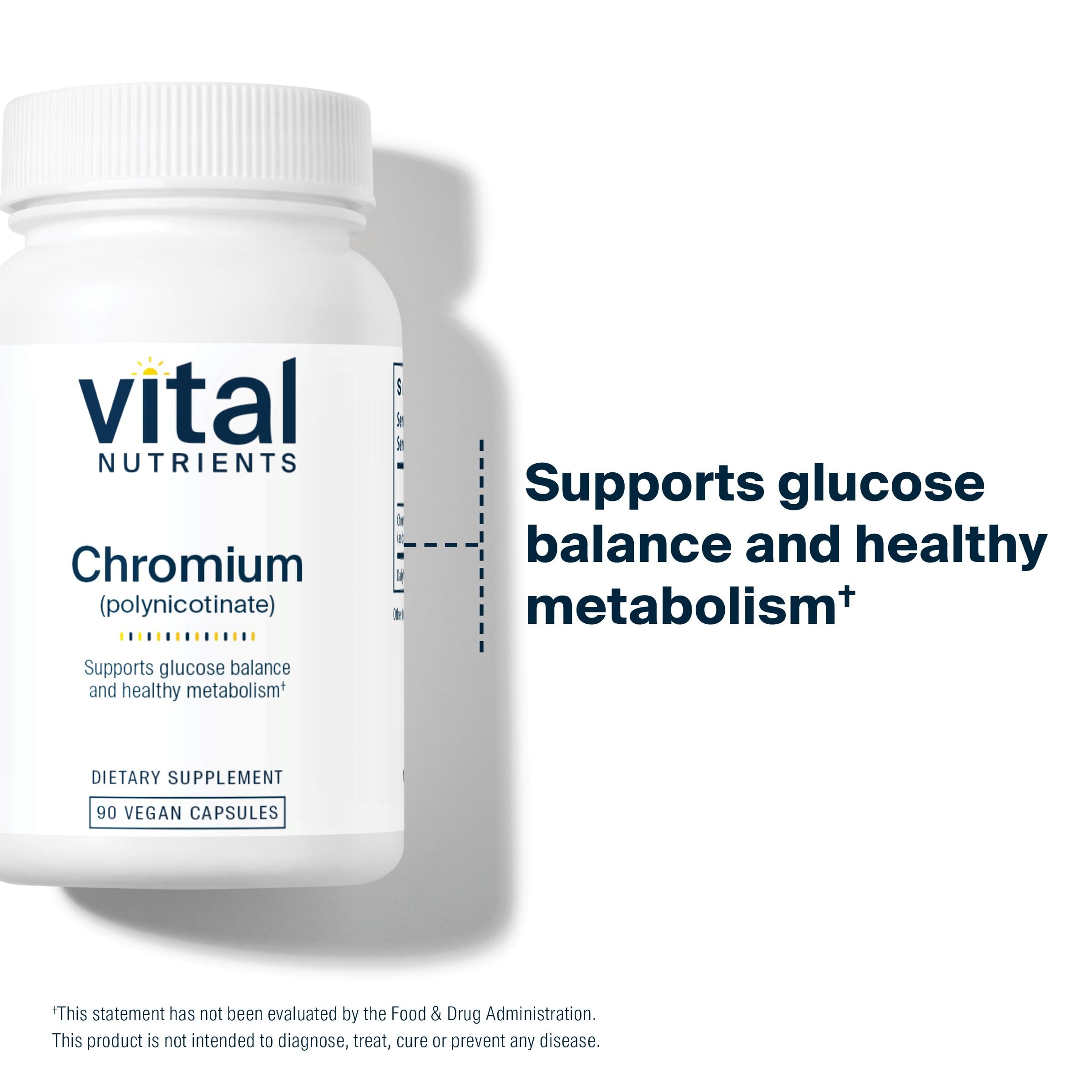 Vital Nutrients Chromium Polynicotinate 200mcg capsules closeup for easy daily metabolism support.