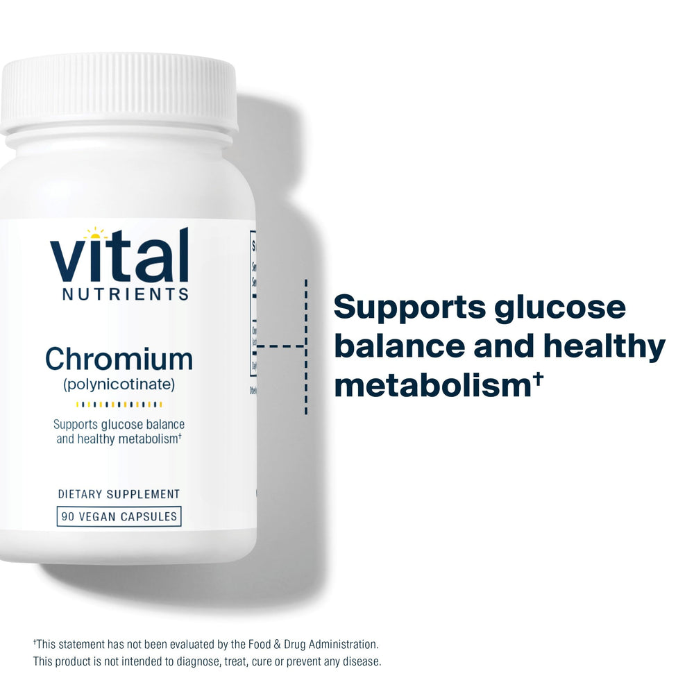 Vital Nutrients Chromium Polynicotinate 200mcg capsules closeup for easy daily metabolism support.