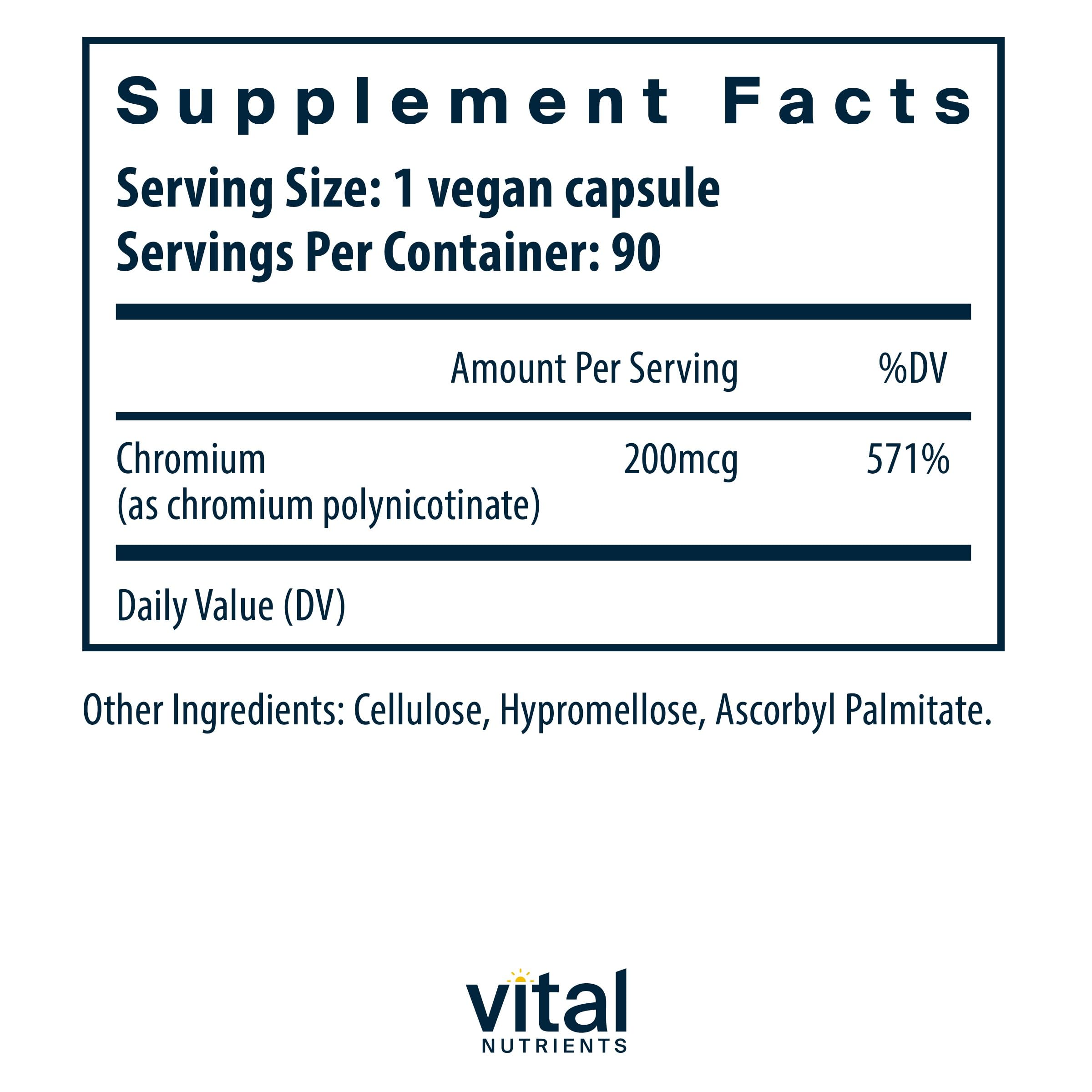 Vital Nutrients Chromium Polynicotinate 200mcg label emphasizes potency and clear ingredients for confidence.