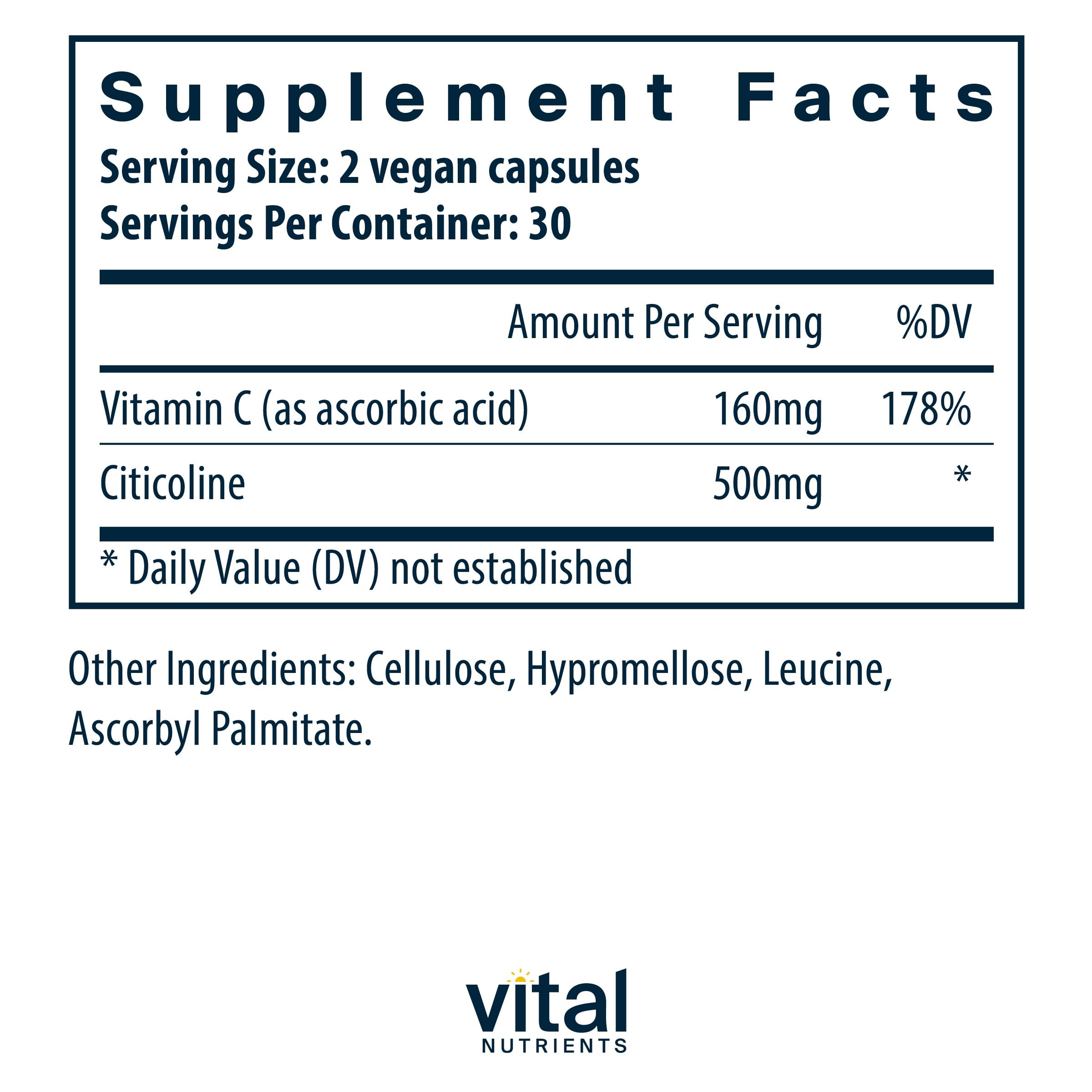 Vital Nutrients Citicoline bottle label highlights 250 mg per capsule for cognitive support.