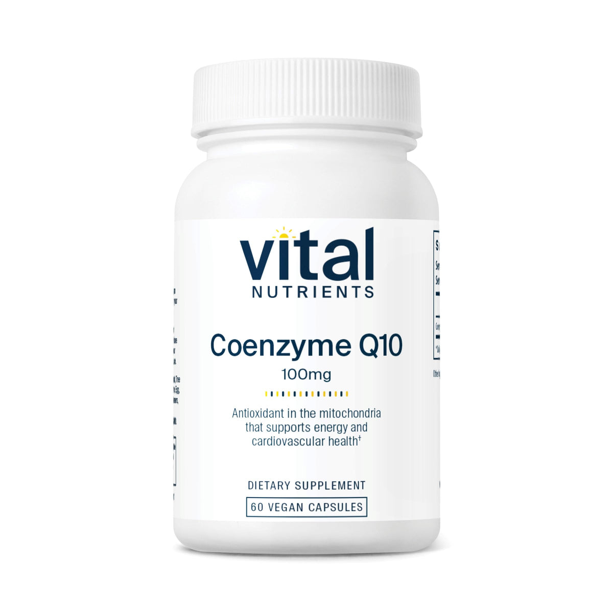 Vital Nutrients CoQ10 100mg bottle close-up showing vegan formula and label