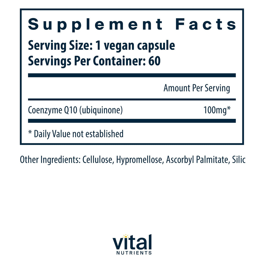 CoQ10 capsules on white background, gluten-free and non-GMO