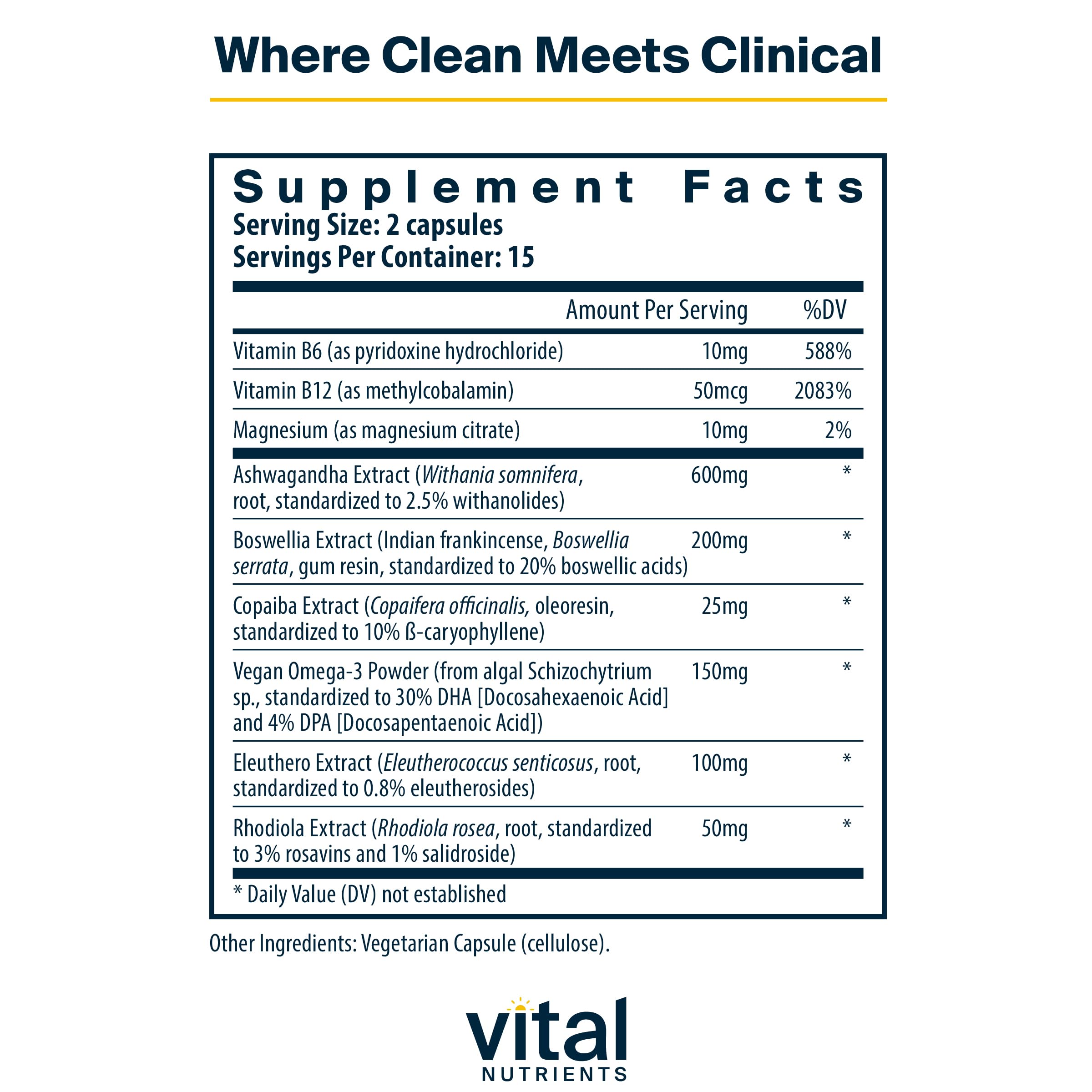 Vital Nutrients Cortisol Balance bottle being poured shows daily stress relief potential
