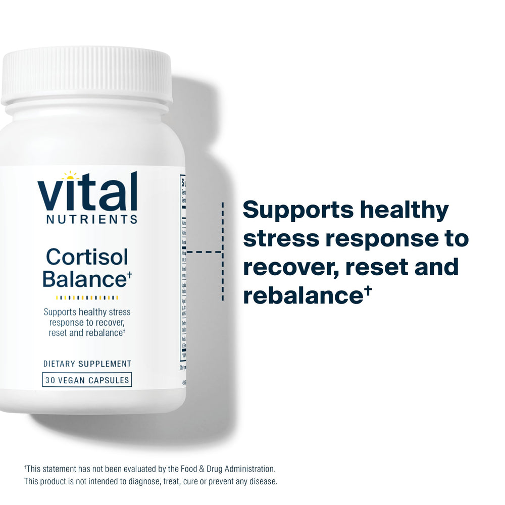 Vital Nutrients Cortisol Balance capsules closeup highlights vegan allergen-free daily use