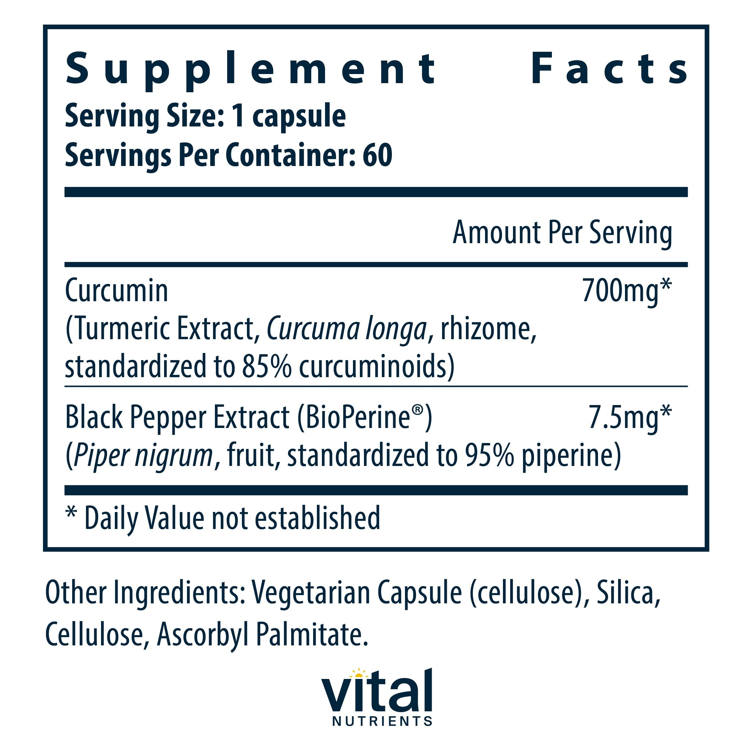 Vital Nutrients Curcumin Extract 700mg bottle back highlights gluten and dairy free formula.