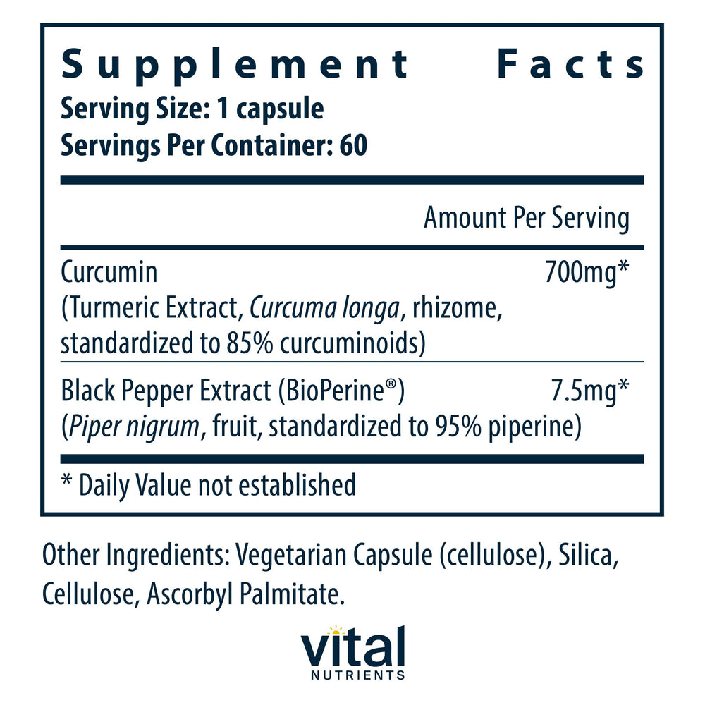 Vital Nutrients Curcumin Extract 700mg bottle back highlights gluten and dairy free formula.