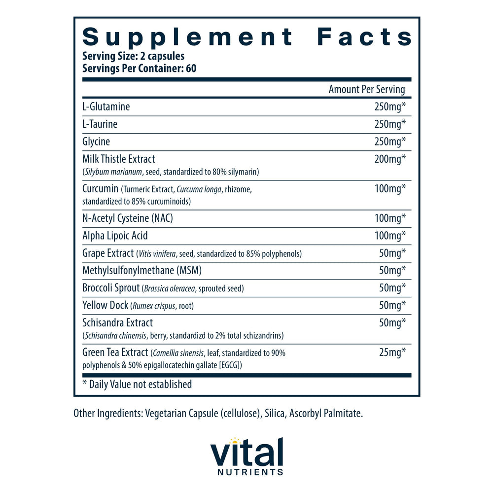 Vital Nutrients Detox Formula capsules inside bottle for convenient vegan detox.