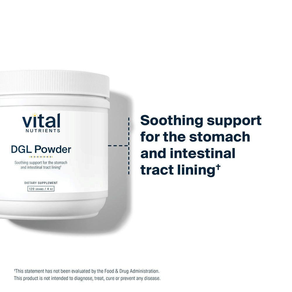 Vital Nutrients DGL Powder label closeup – third-party tested purity and potency at a trusted facility
