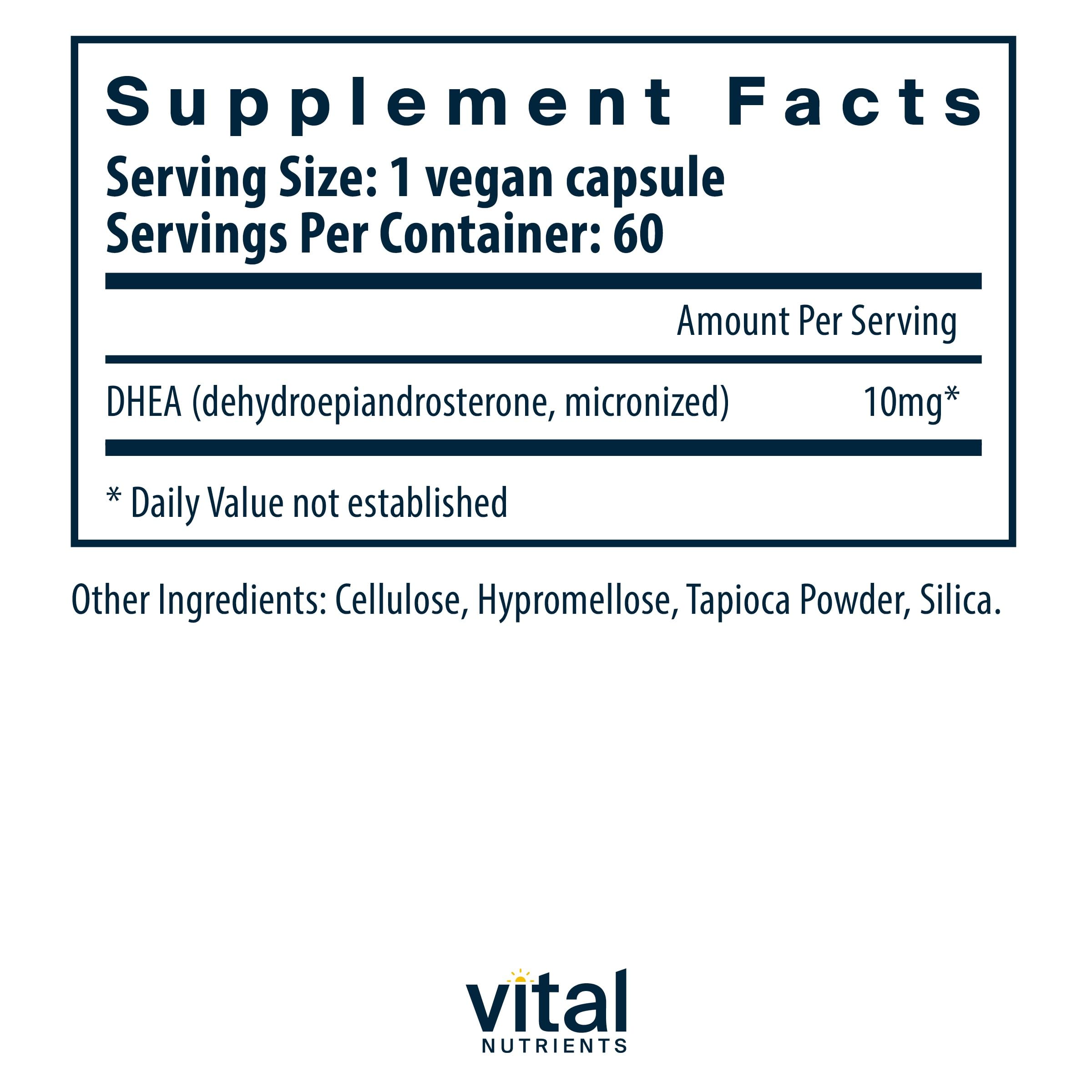 Closeup of Vital Nutrients DHEA capsules highlighting vegan formula