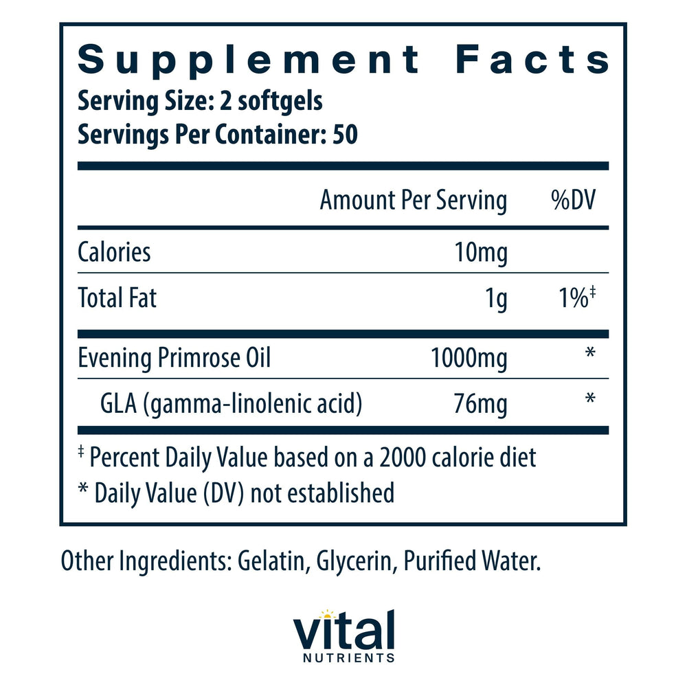 Vital Nutrients Evening Primrose Oil label highlighting clean allergen-free formula for sensitive users.
