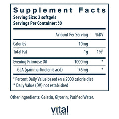 Vital Nutrients Evening Primrose Oil label highlighting clean allergen-free formula for sensitive users.