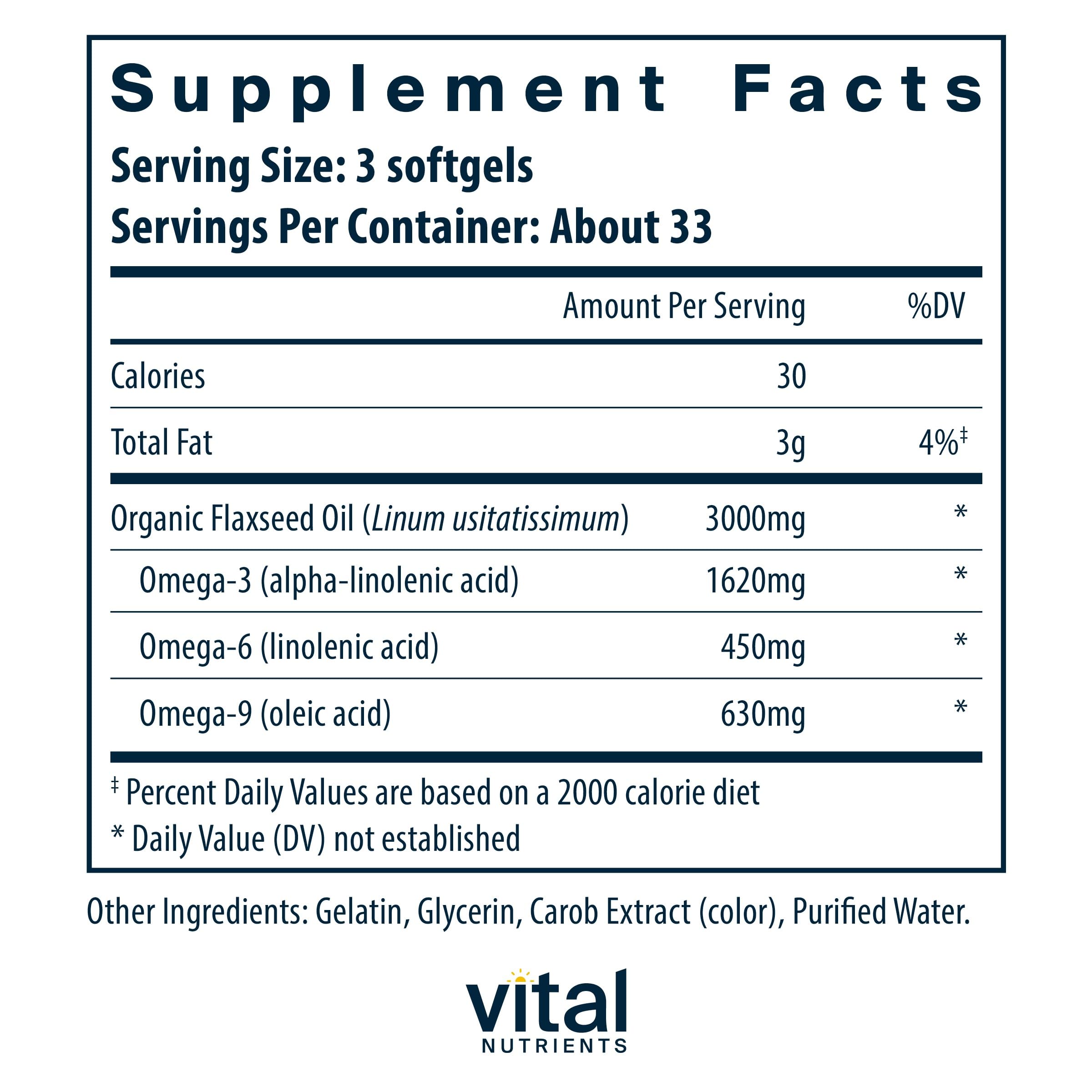 Vital Nutrients Flax Seed Oil 3000mg bottle front highlights purity and convenience