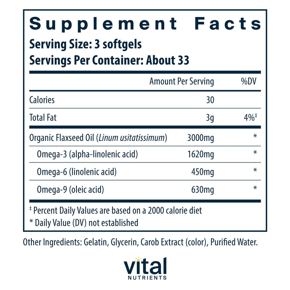 Vital Nutrients Flax Seed Oil 3000mg bottle front highlights purity and convenience