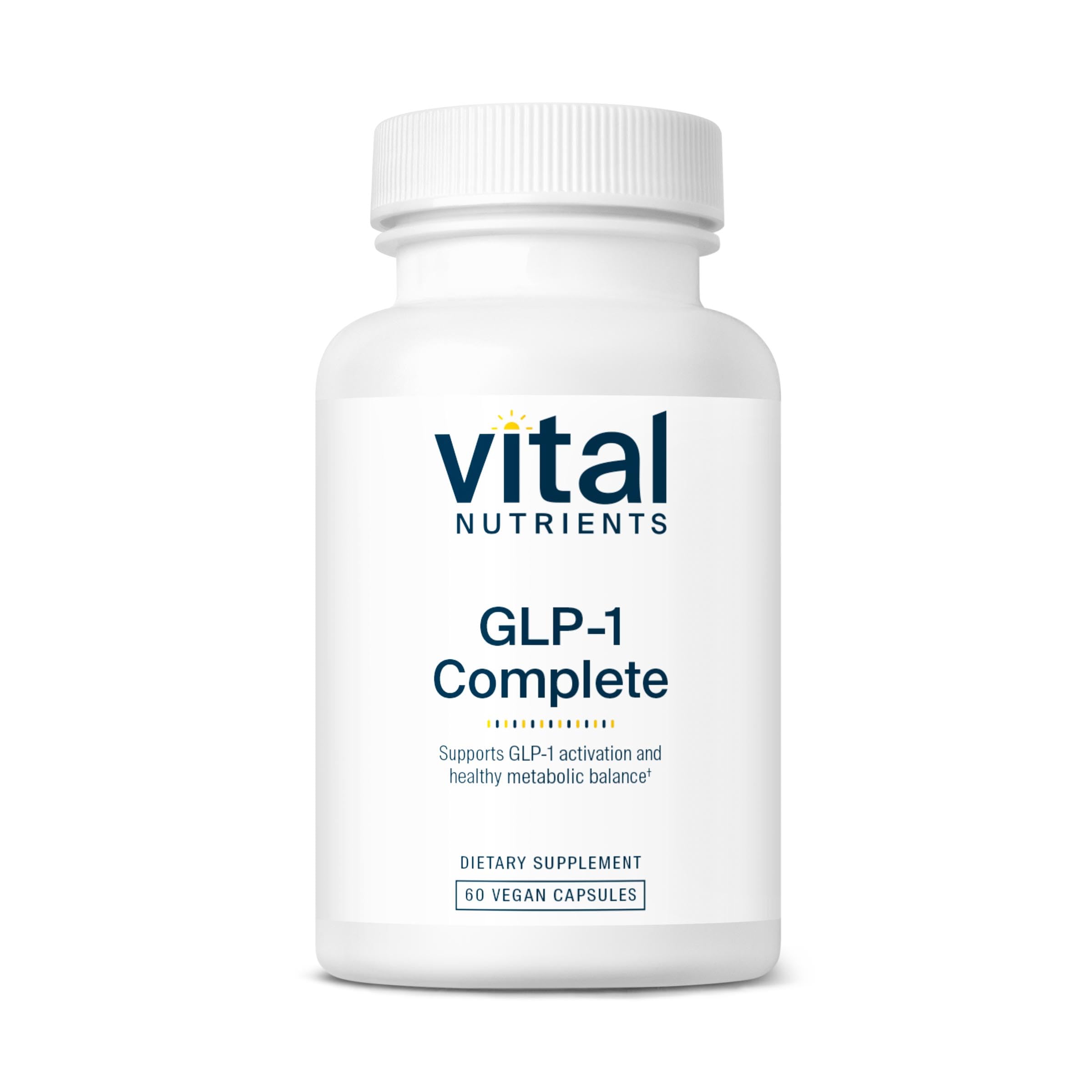 Vital Nutrients GLP-1 Complete bottle front conveys vegan, allergen-free formula for daily support