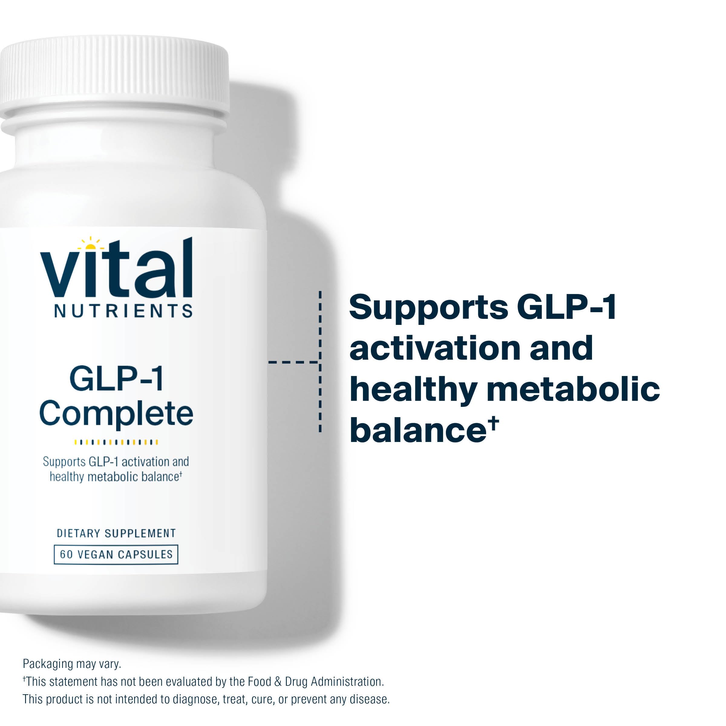 Vital Nutrients GLP-1 Complete capsules closeup highlights vegan capsules and clean labeling