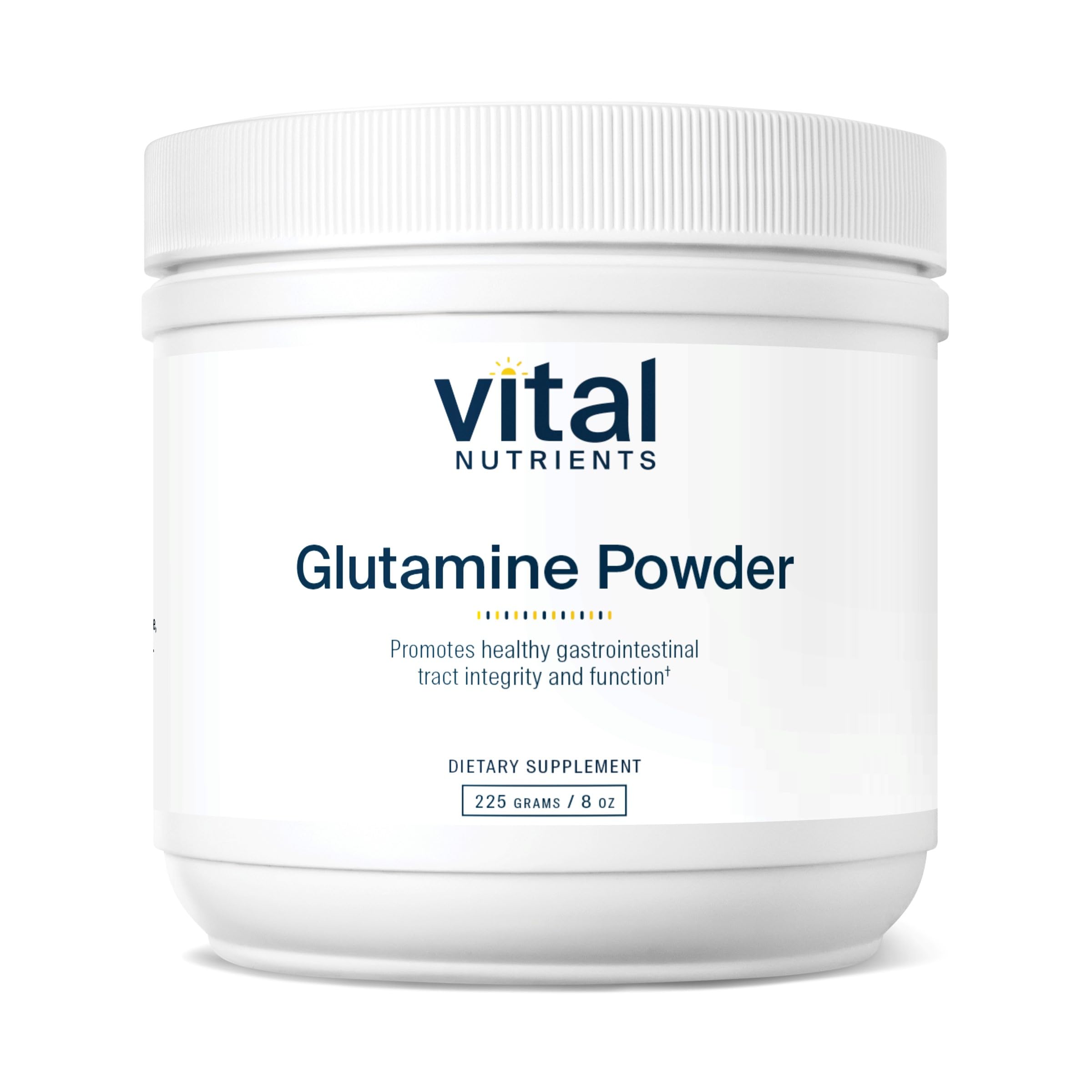 Vital Nutrients Glutamine Powder bottle highlights GI support and vegan, allergen-free formula.