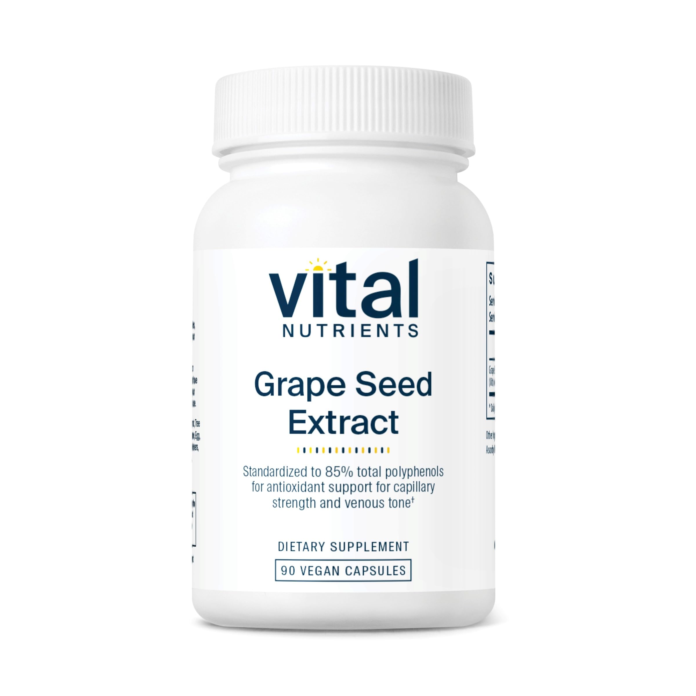 Vital Nutrients grape-seed extract bottle showing label for purity and potency in capsules