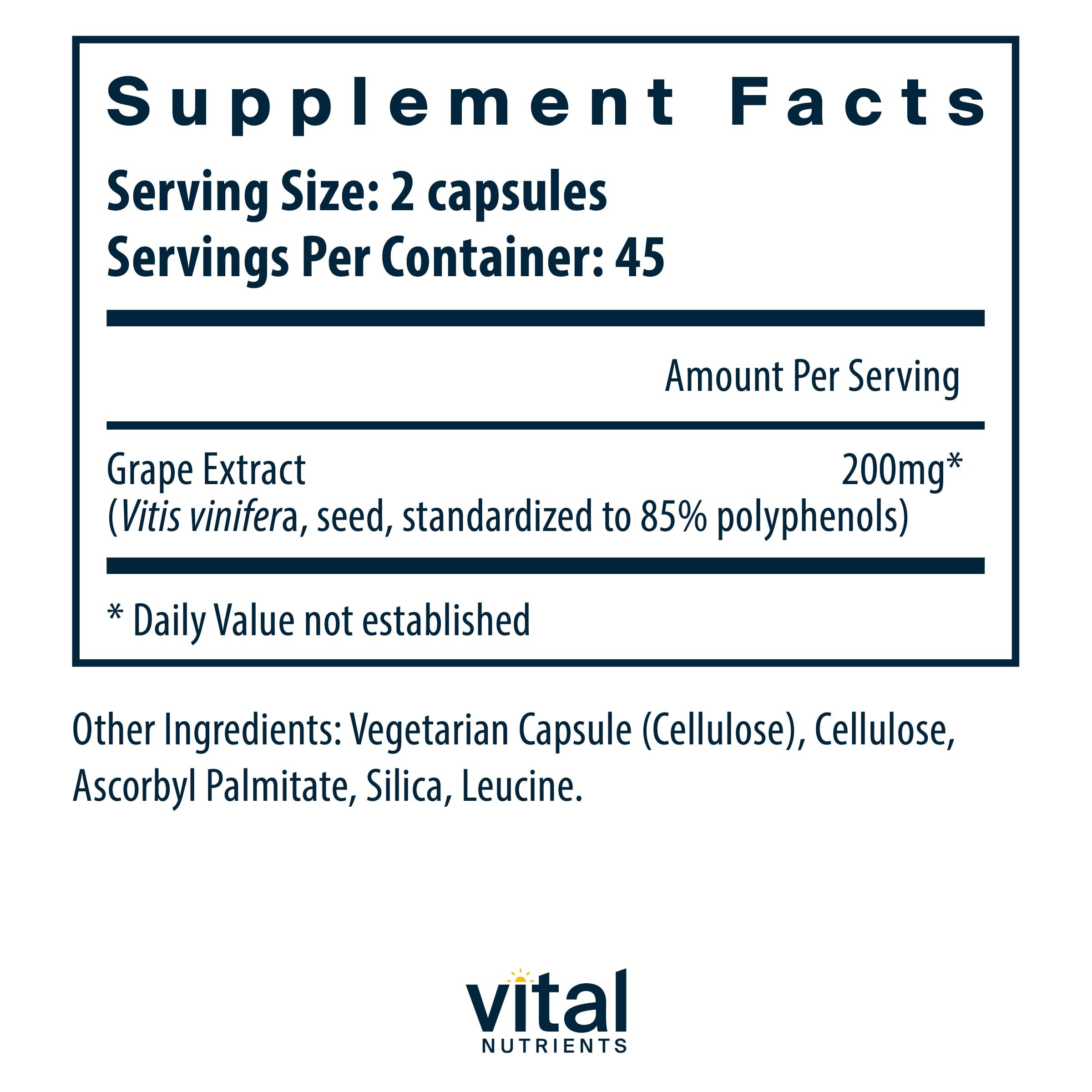 Vital Nutrients grape-seed extract capsules close-up highlighting uniform capsules and easy daily use