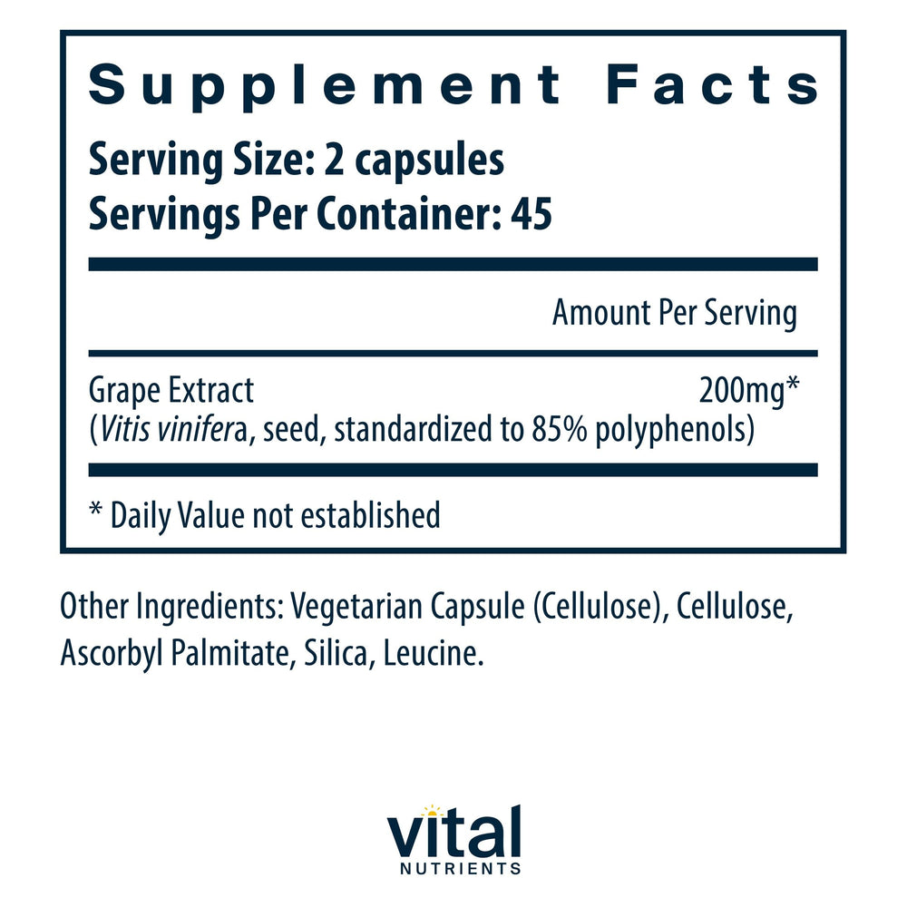 Vital Nutrients grape-seed extract capsules close-up highlighting uniform capsules and easy daily use