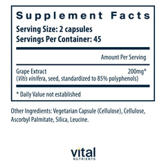 Vital Nutrients grape-seed extract capsules close-up highlighting uniform capsules and easy daily use