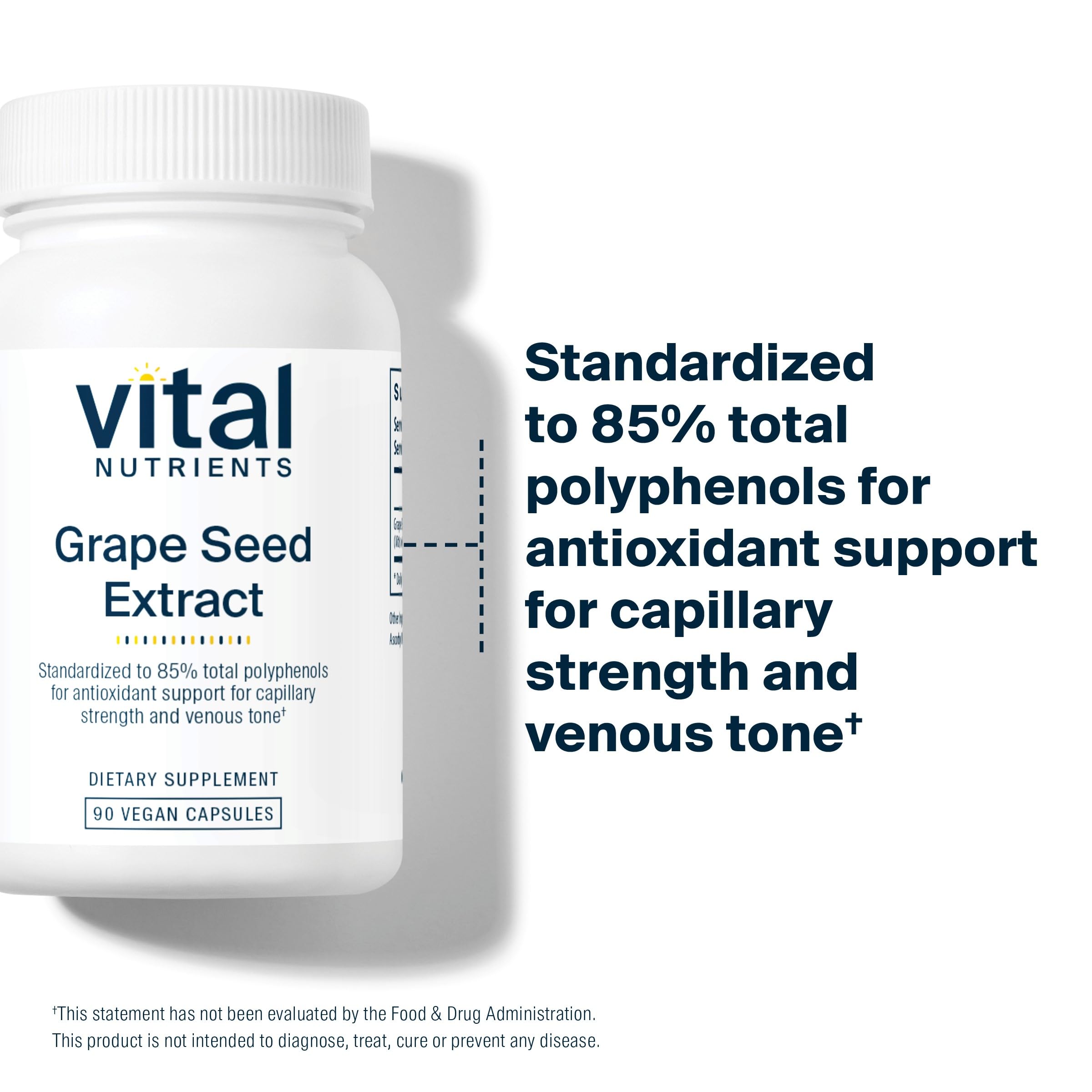 Vital Nutrients grape-seed extract label close-up emphasizing gluten-free and non-GMO ingredients