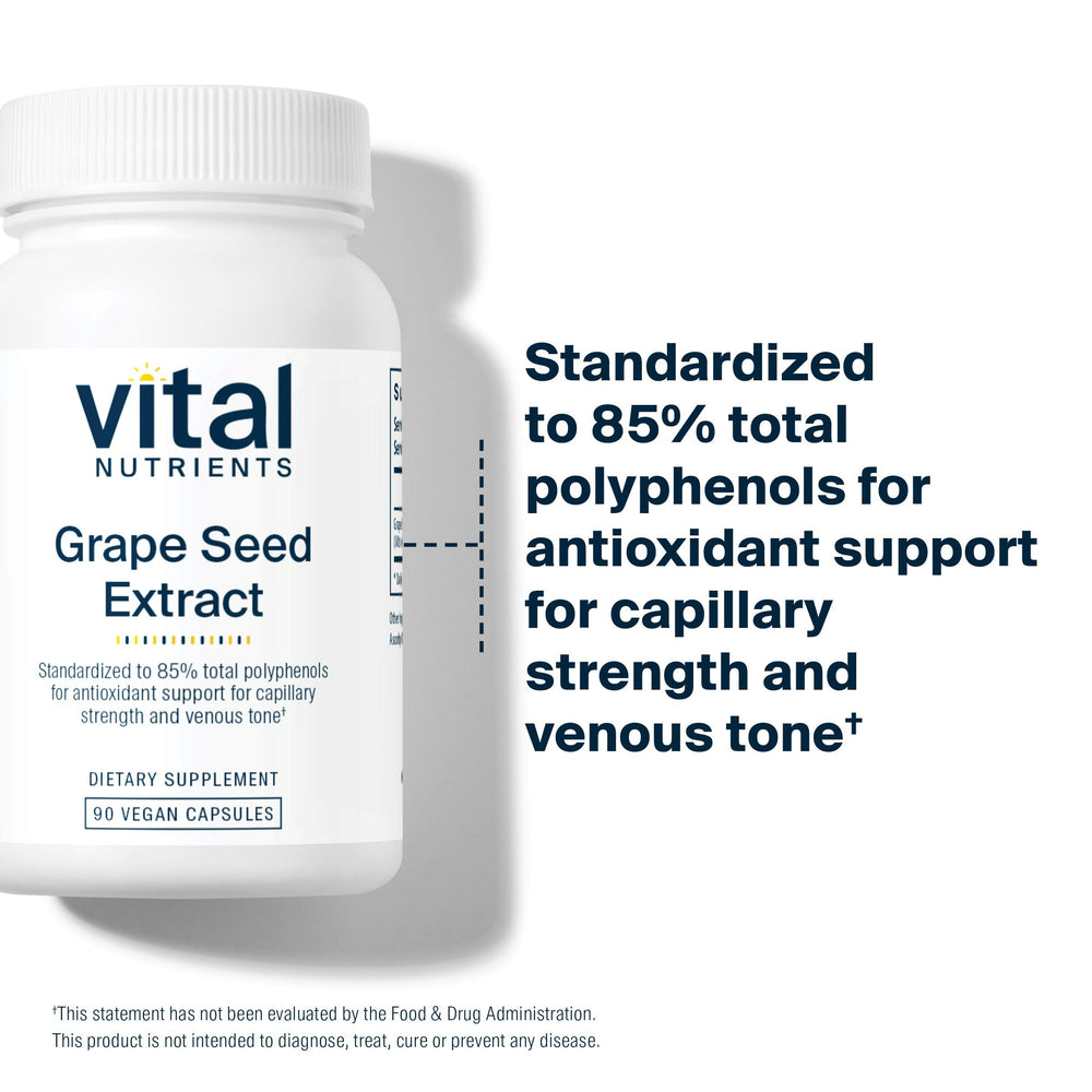 Vital Nutrients grape-seed extract label close-up emphasizing gluten-free and non-GMO ingredients