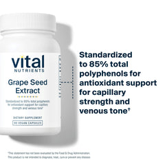 Vital Nutrients grape-seed extract label close-up emphasizing gluten-free and non-GMO ingredients