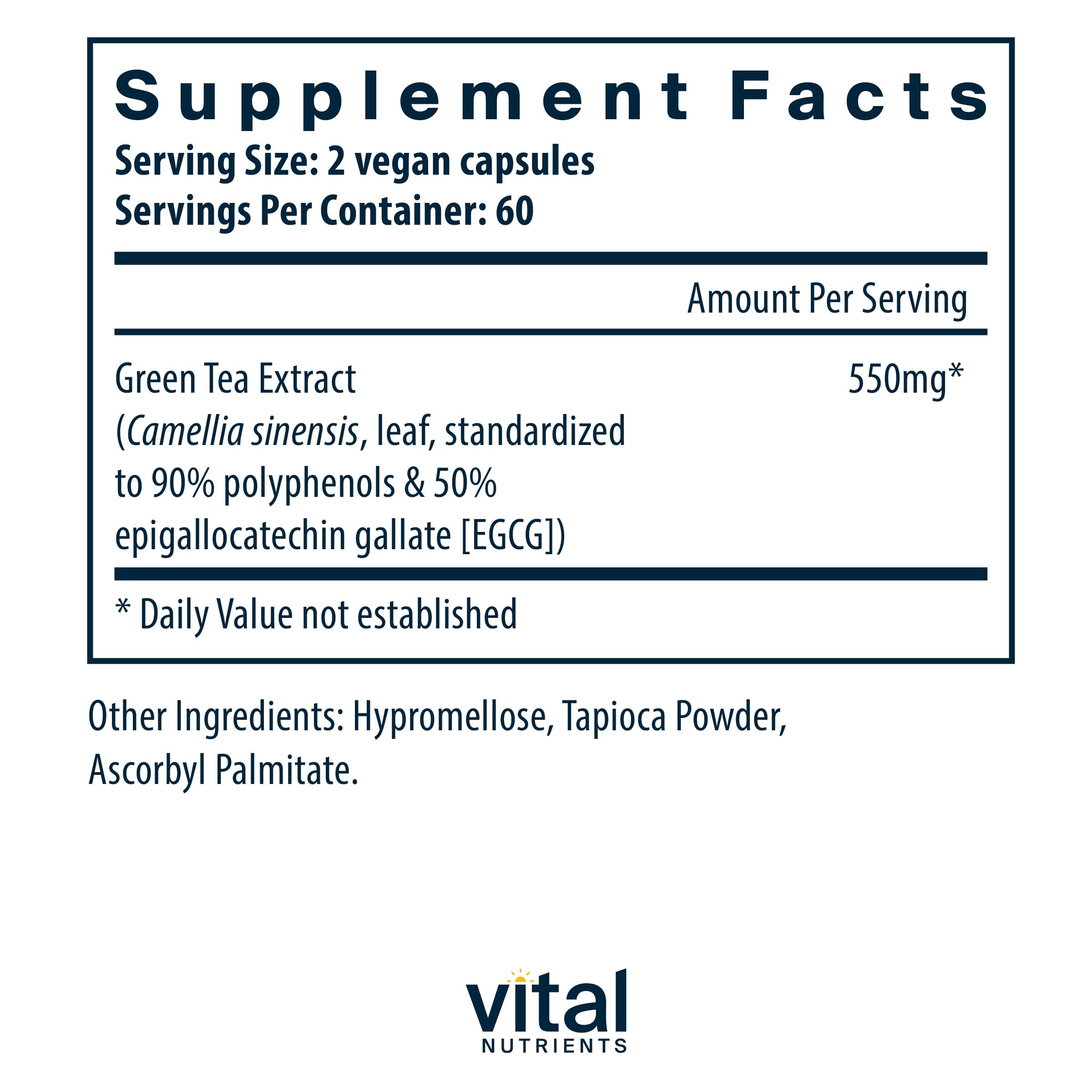 Vital Nutrients Green Tea Extract capsules close-up demonstrates convenient daily antioxidant support.