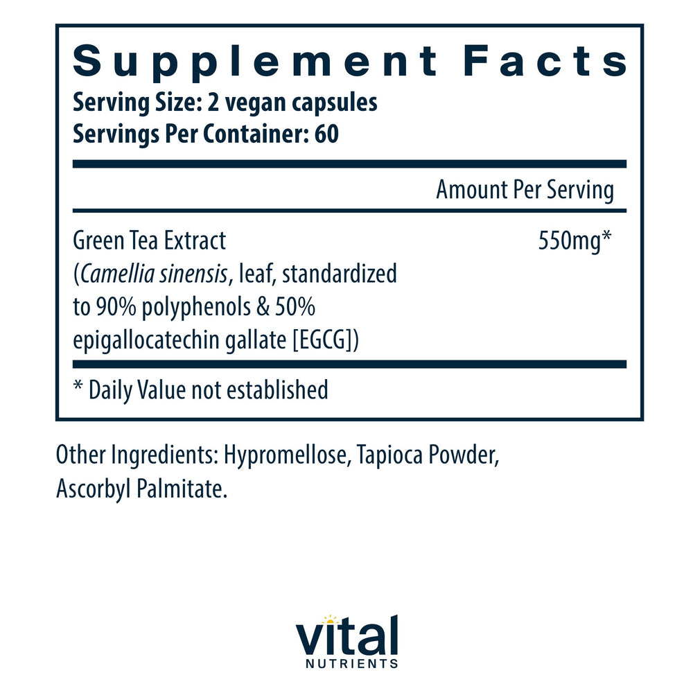 Vital Nutrients Green Tea Extract capsules close-up demonstrates convenient daily antioxidant support.