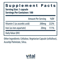 Vital Nutrients Iron Plus C label closeup highlighting 20 mg iron and 200 mg vitamin C