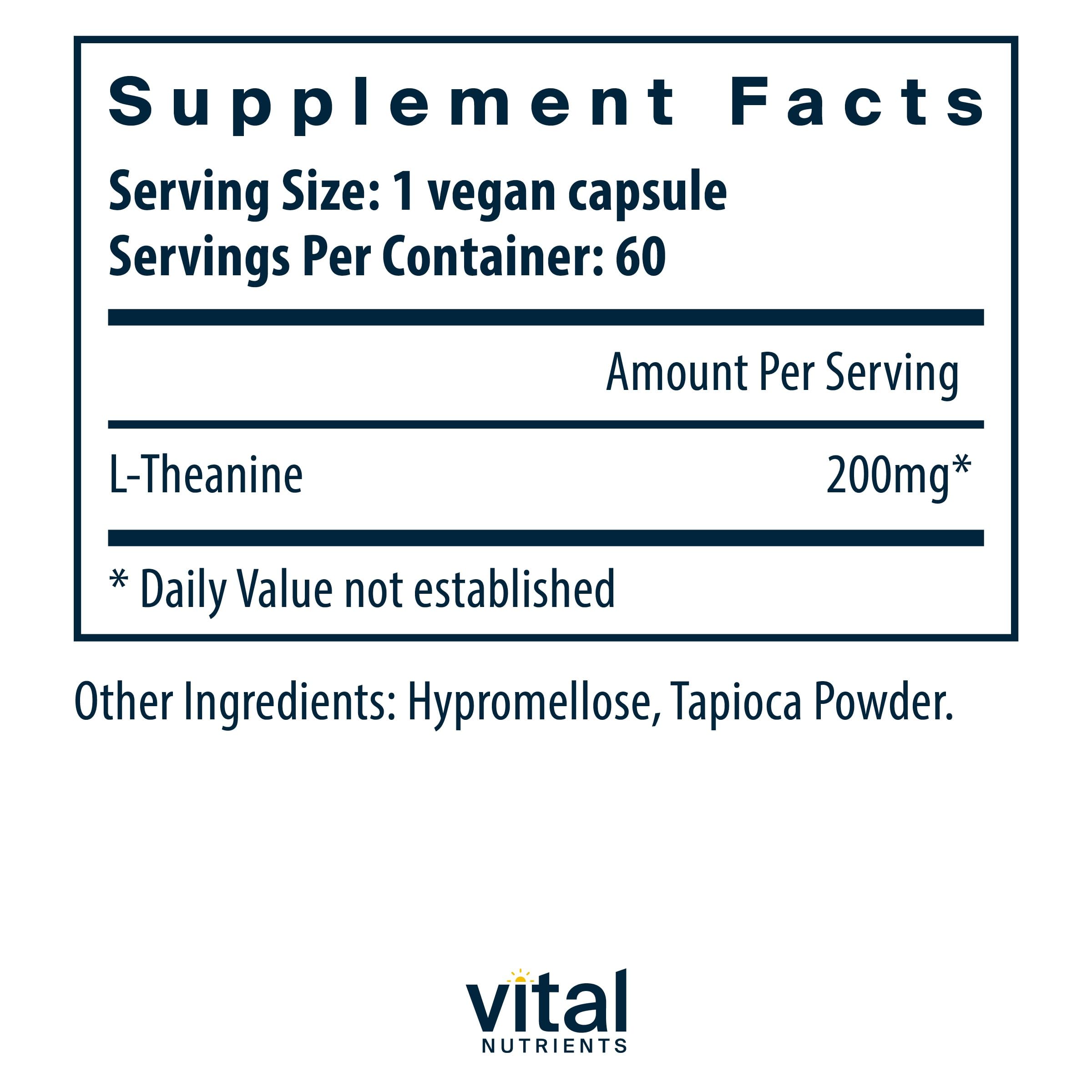 Vital Nutrients L-Theanine 200mg capsule close-up vegan formula.