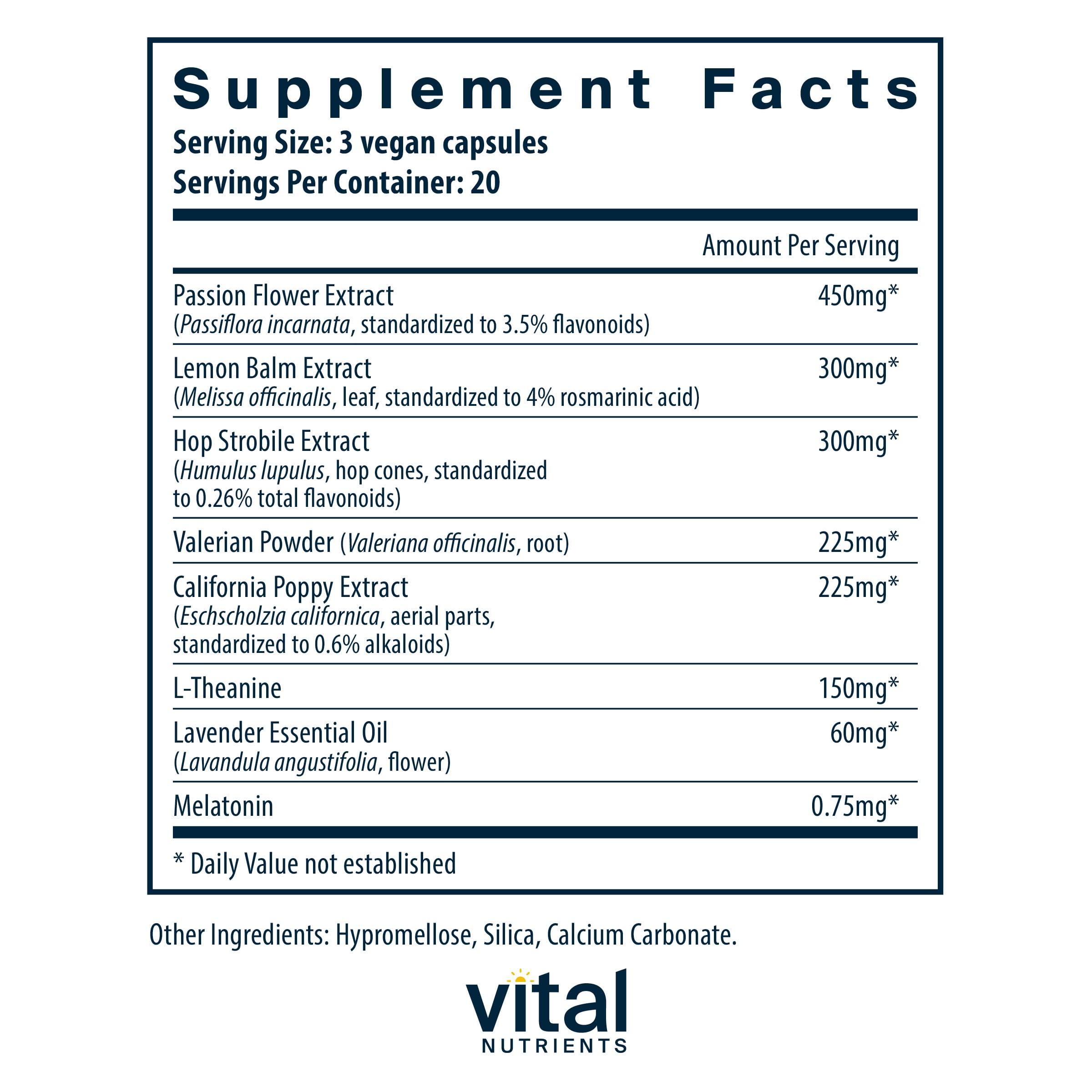 Vital Nutrients lavender-scented capsules designed for peaceful evenings.