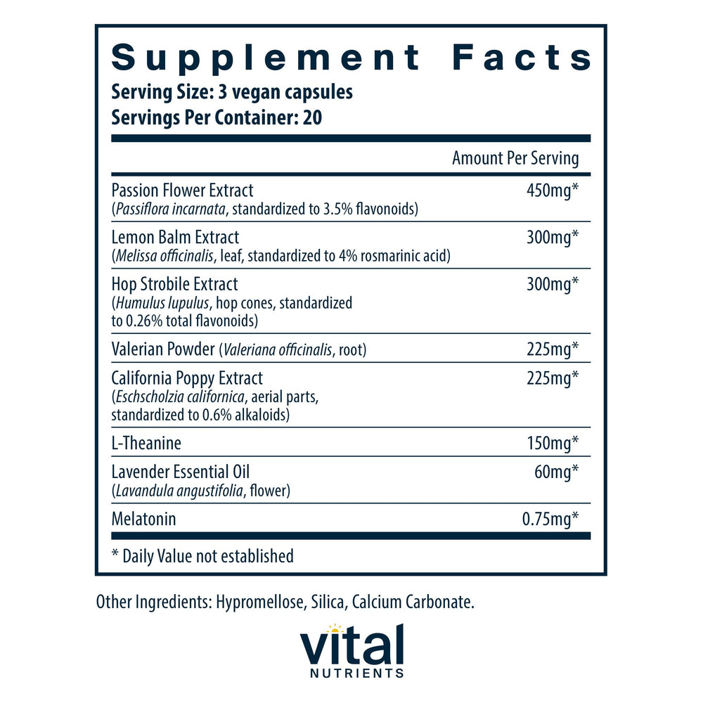 Vital Nutrients lavender-scented capsules designed for peaceful evenings.