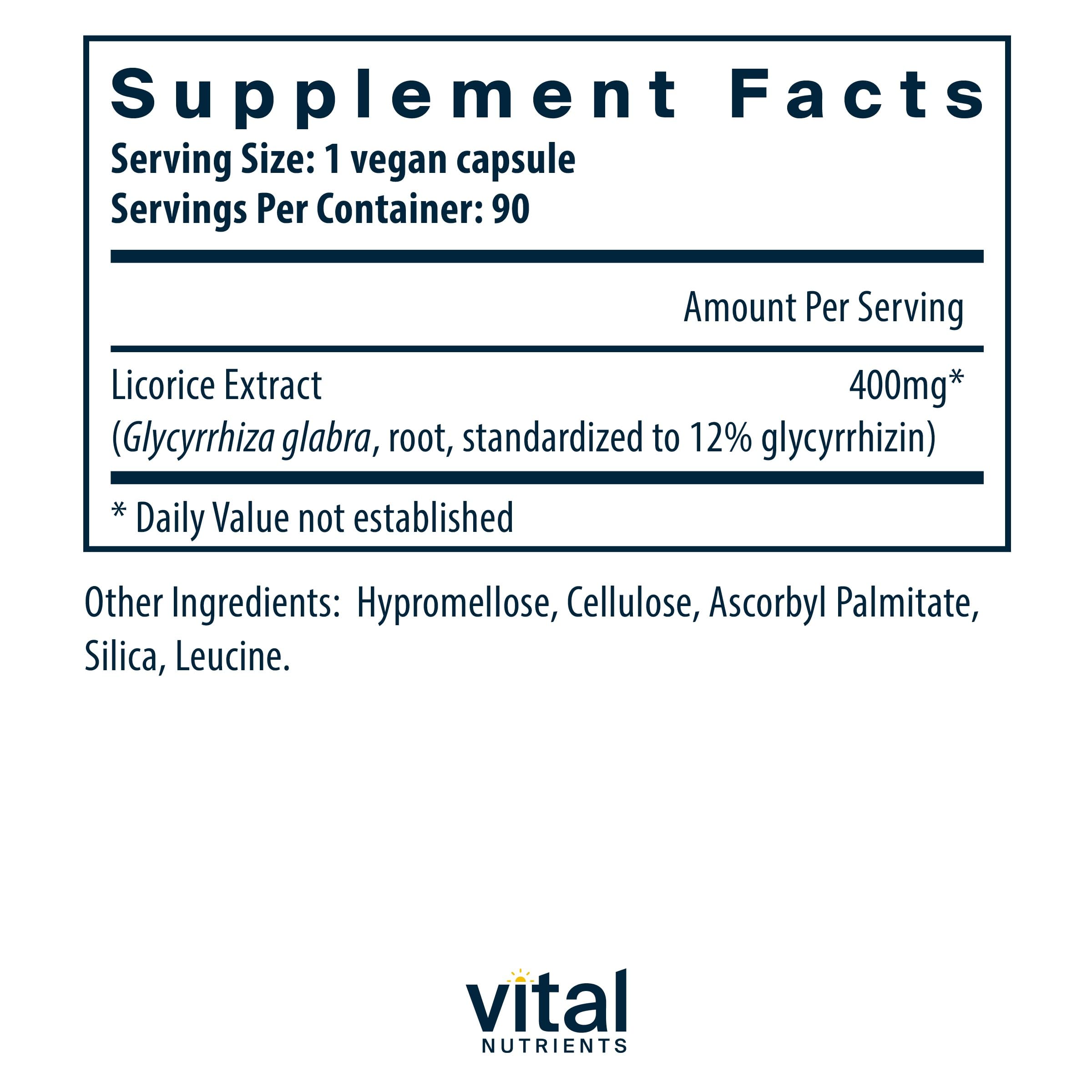 Vital Nutrients licorice root extract capsules close-up for simple daily dosing.