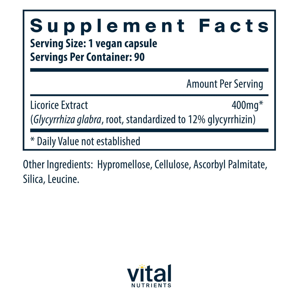 Vital Nutrients licorice root extract capsules close-up for simple daily dosing.