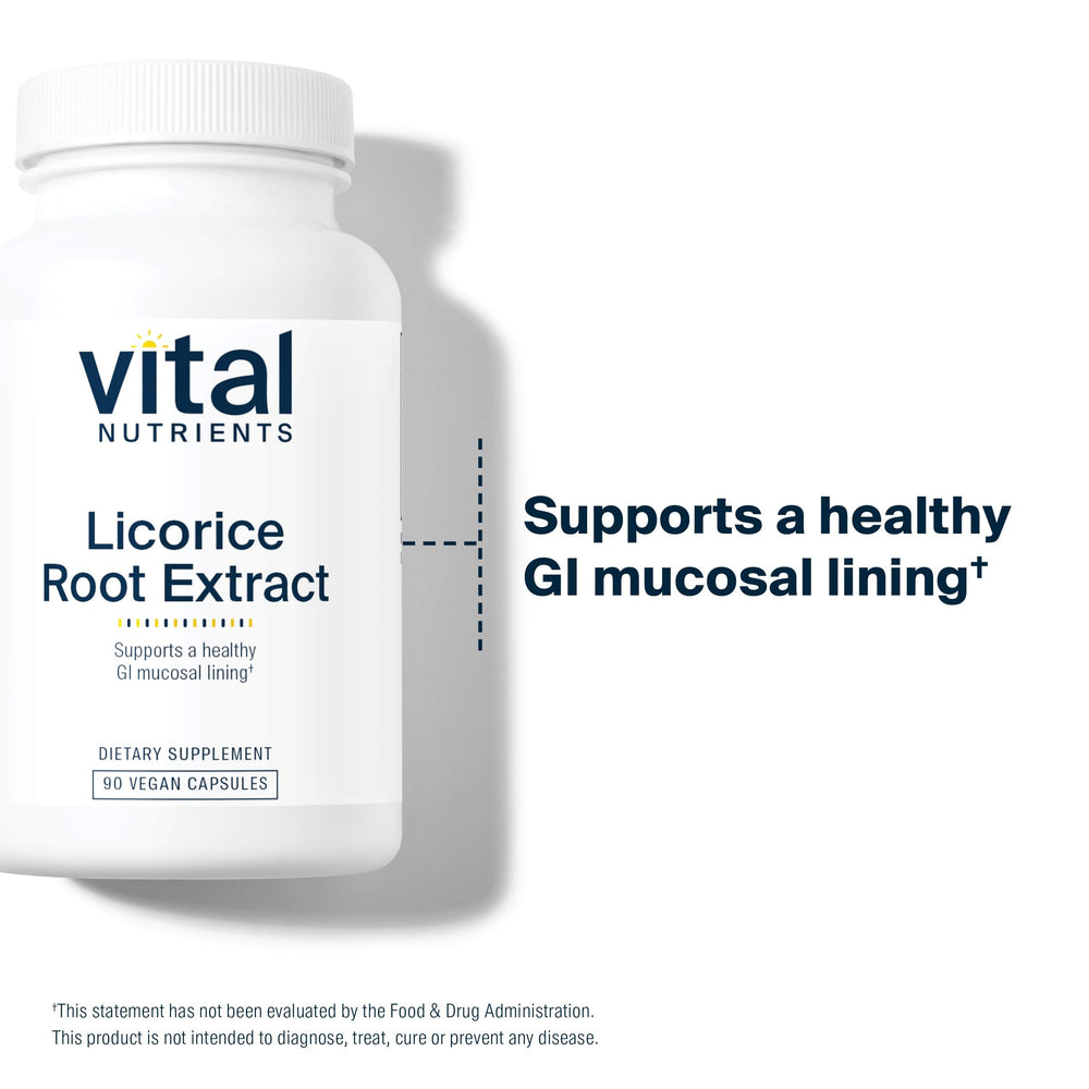 Vital Nutrients licorice root extract label detail shows pure, allergen-free formula.