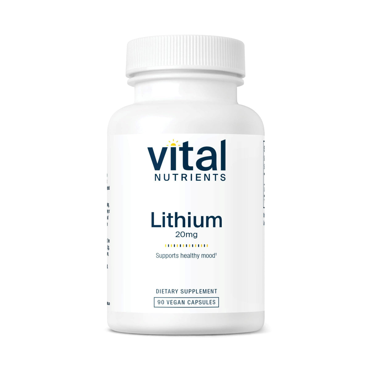 Vital Nutrients Lithium Ootate 20mg bottle shows vegan formula for memory support.