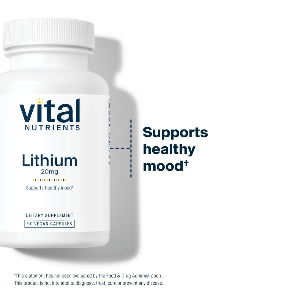 Vital Nutrients Lithium Orotate 20mg infographic explains potential brain support benefits.